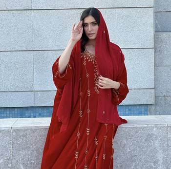 Red Velvet Handcrafted Zari work stitched Kaftan 5