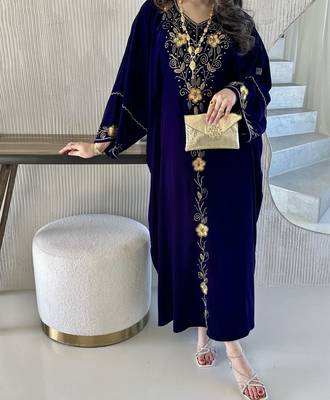 Navy Blue Velvet Handcrafted Zari work stitched Kaftan 1