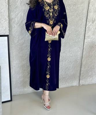 Navy Blue Velvet Handcrafted Zari work stitched Kaftan 2