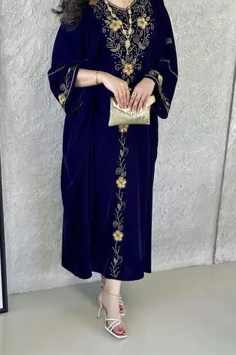 Navy Blue Velvet Handcrafted Zari work stitched Kaftan