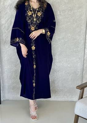 Navy Blue Velvet Handcrafted Zari work stitched Kaftan 3