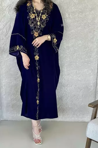 Navy Blue Velvet Handcrafted Zari work stitched Kaftan