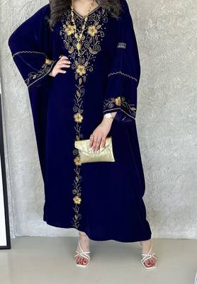 Navy Blue Velvet Handcrafted Zari work stitched Kaftan 4