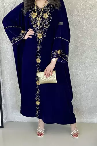 Navy Blue Velvet Handcrafted Zari work stitched Kaftan