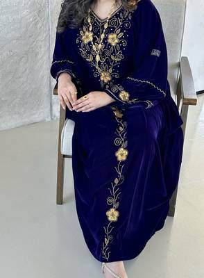 Navy Blue Velvet Handcrafted Zari work stitched Kaftan 5