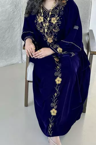 Navy Blue Velvet Handcrafted Zari work stitched Kaftan