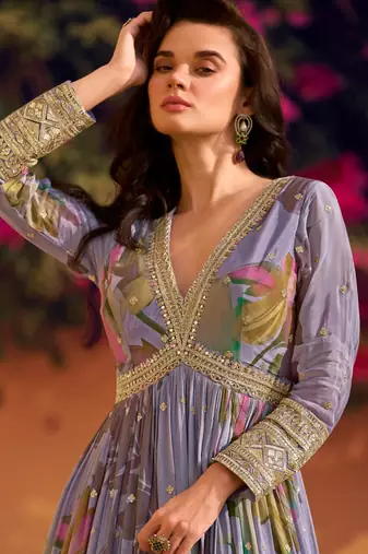 Lavender floral printed anarkali suit for women