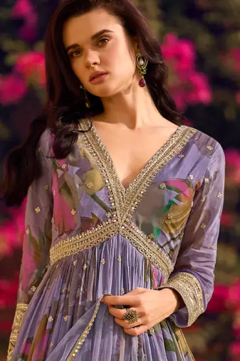 Lavender floral printed anarkali suit for women