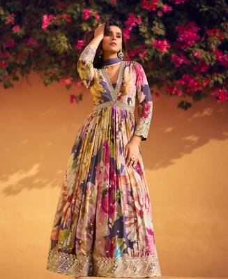 purple floral printed anarkali suit for women 1