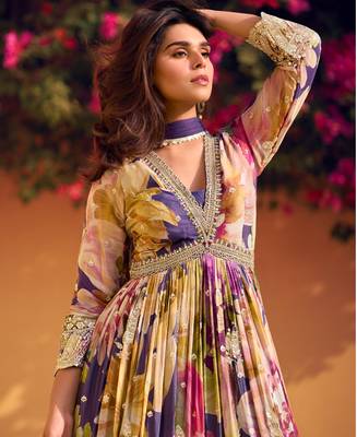 purple floral printed anarkali suit for women 2