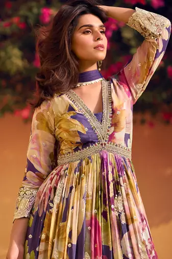 purple floral printed anarkali suit for women