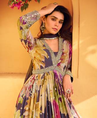 purple floral printed anarkali suit for women 3