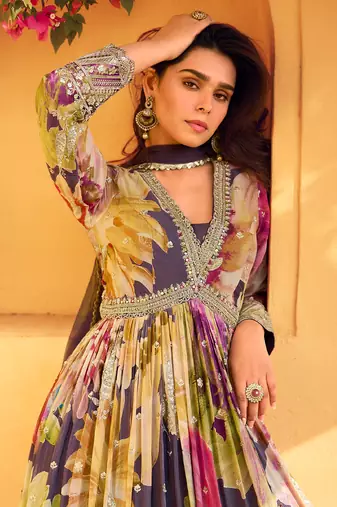 purple floral printed anarkali suit for women