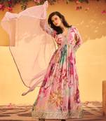 Pink floral printed anarkali suit for women