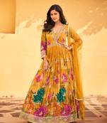 Yellow floral printed anarkali suit for women
