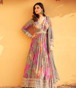 grey floral printed anarkali suit for women