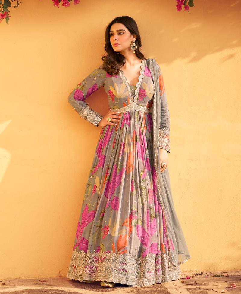 Grey floral Anarkali