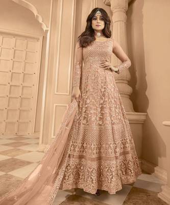 Shamita shetty peach net anarkali embroidered work festival long salwar suit dupatta 1