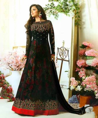 Black Embroidered Georgette  Anarkali Suit Free size full stitched Up To 42" Size 1