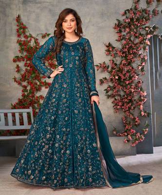 Heavy Sequance Embroidery Work Soft Net Traditional Anarkali Dress In Amazing Teal Blue Colour 1