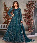 Heavy Designer Sequance Embroidery Work Soft Net Traditional Anarkali Dress In Amazing Teal Blue Colour