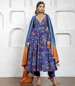 Navy blue kalamkari printed & embroidered anarkali set