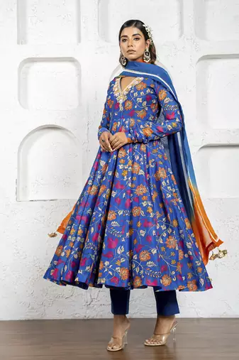Navy blue kalamkari printed & embroidered anarkali set