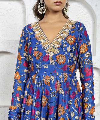 Navy blue kalamkari printed & embroidered anarkali set 3