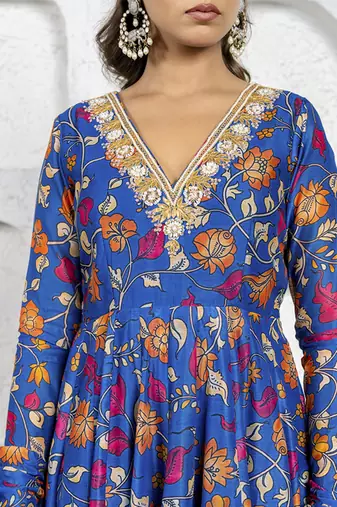 Navy blue kalamkari printed & embroidered anarkali set