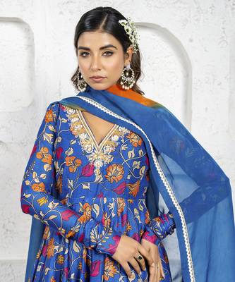 Navy blue kalamkari printed & embroidered anarkali set 4