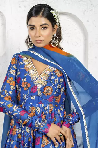 Navy blue kalamkari printed & embroidered anarkali set