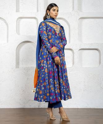 Navy blue kalamkari printed & embroidered anarkali set 5