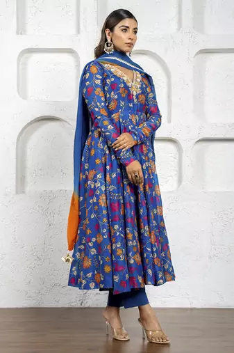 Navy blue kalamkari printed & embroidered anarkali set