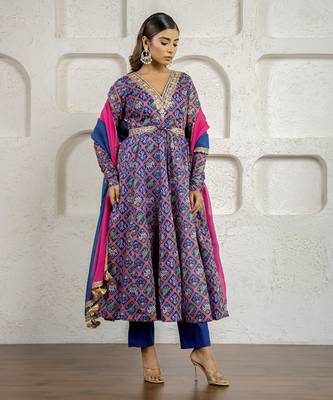 Blue floral printed & embroidered anarkali set 1