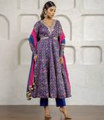 Blue floral printed & embroidered anarkali set