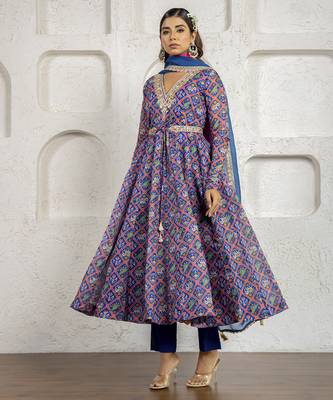 Blue floral printed & embroidered anarkali set 2