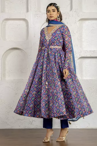 Blue floral printed & embroidered anarkali set