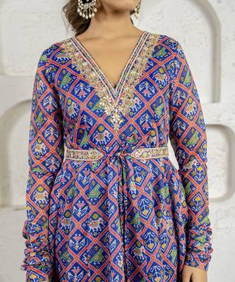Blue floral printed & embroidered anarkali set 3