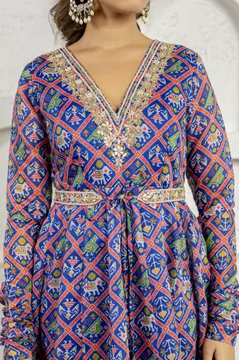 Blue floral printed & embroidered anarkali set
