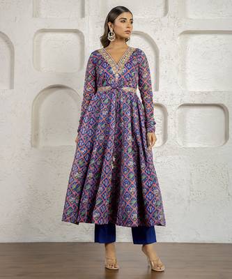 Blue floral printed & embroidered anarkali set 5