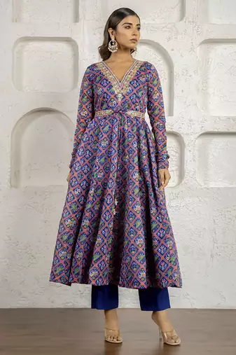 Blue floral printed & embroidered anarkali set