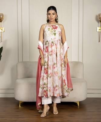 Peach chanderi floral printed anarkali set 1