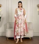 Peach chanderi floral printed anarkali set
