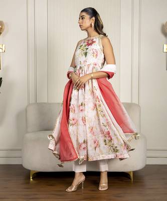 Peach chanderi floral printed anarkali set 2