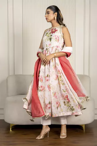 Peach chanderi floral printed anarkali set
