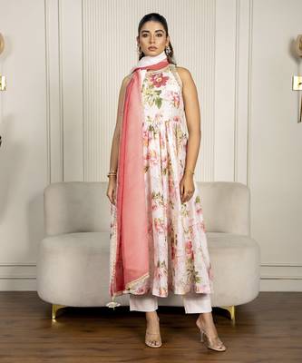 Peach chanderi floral printed anarkali set 3