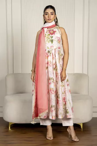 Peach chanderi floral printed anarkali set