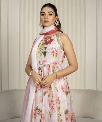 Peach chanderi floral printed anarkali set 4