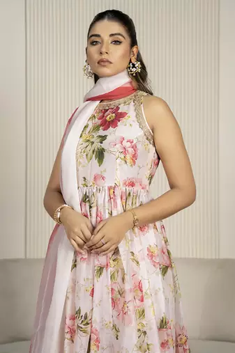 Peach chanderi floral printed anarkali set