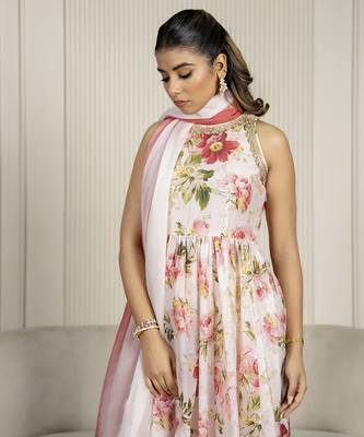 Peach chanderi floral printed anarkali set 5